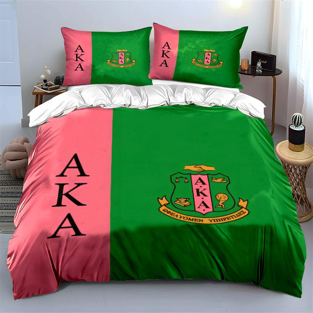 AKA Pink Green Split Coat Of Arms Duvet Cover Set Sorority Greek Letter Bedding Includes 1 Duvet Cover And 2 Pillowcase Gift