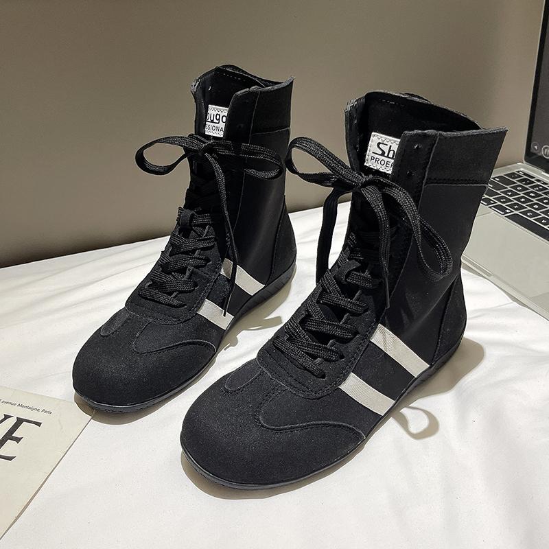 Mode Hoge Top Korte Laarzen Boksschoenen voor Dames 2025 Lente Herfst Ronde Neus Vetersneakers Zapatos De Mujer