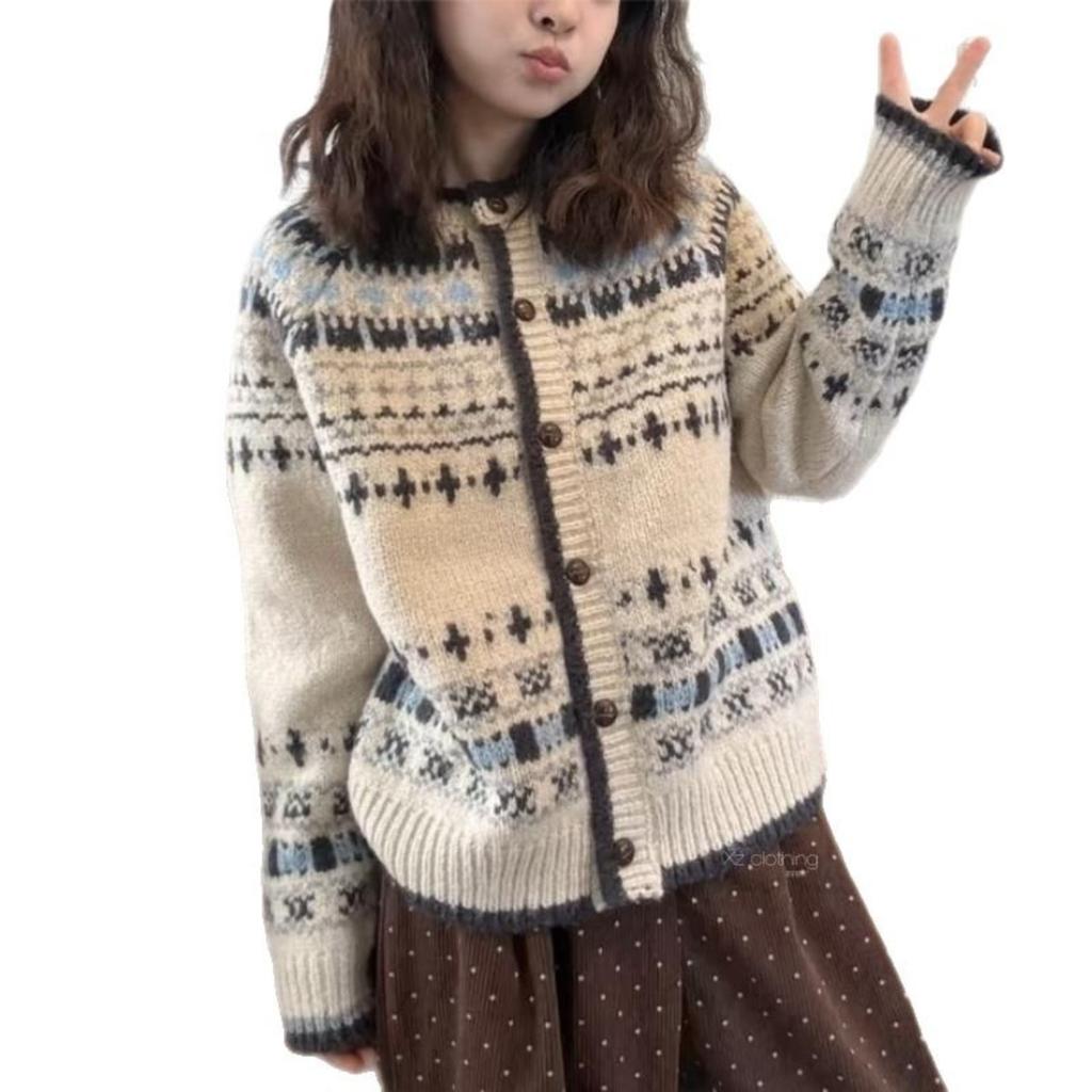 Korean Retro, Spring and Autumn New Style, Round Neck, Jacquard Contrasting Trade, Loose Casual Knitted Cardigan, Women's Sweater