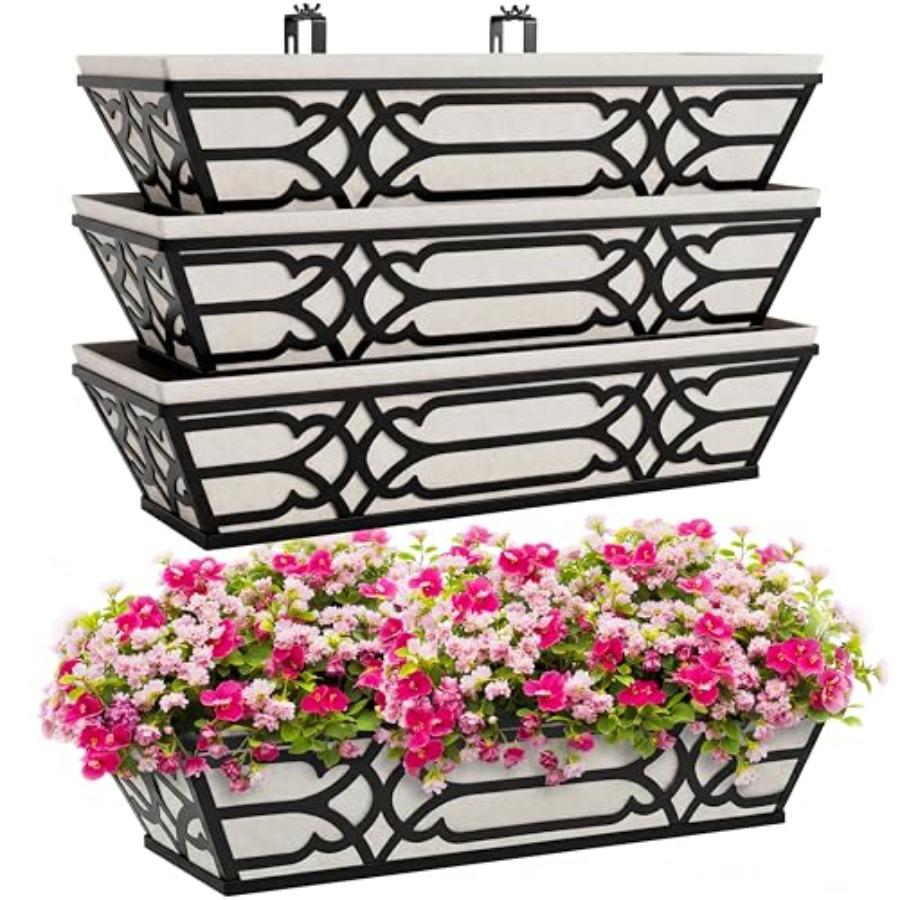 

4 Pack 24 Inch Outdoor Railing Planter Boxes with Adjustable Brackets for Porch Fence Balcony Window Planter Box in Brown with United States
