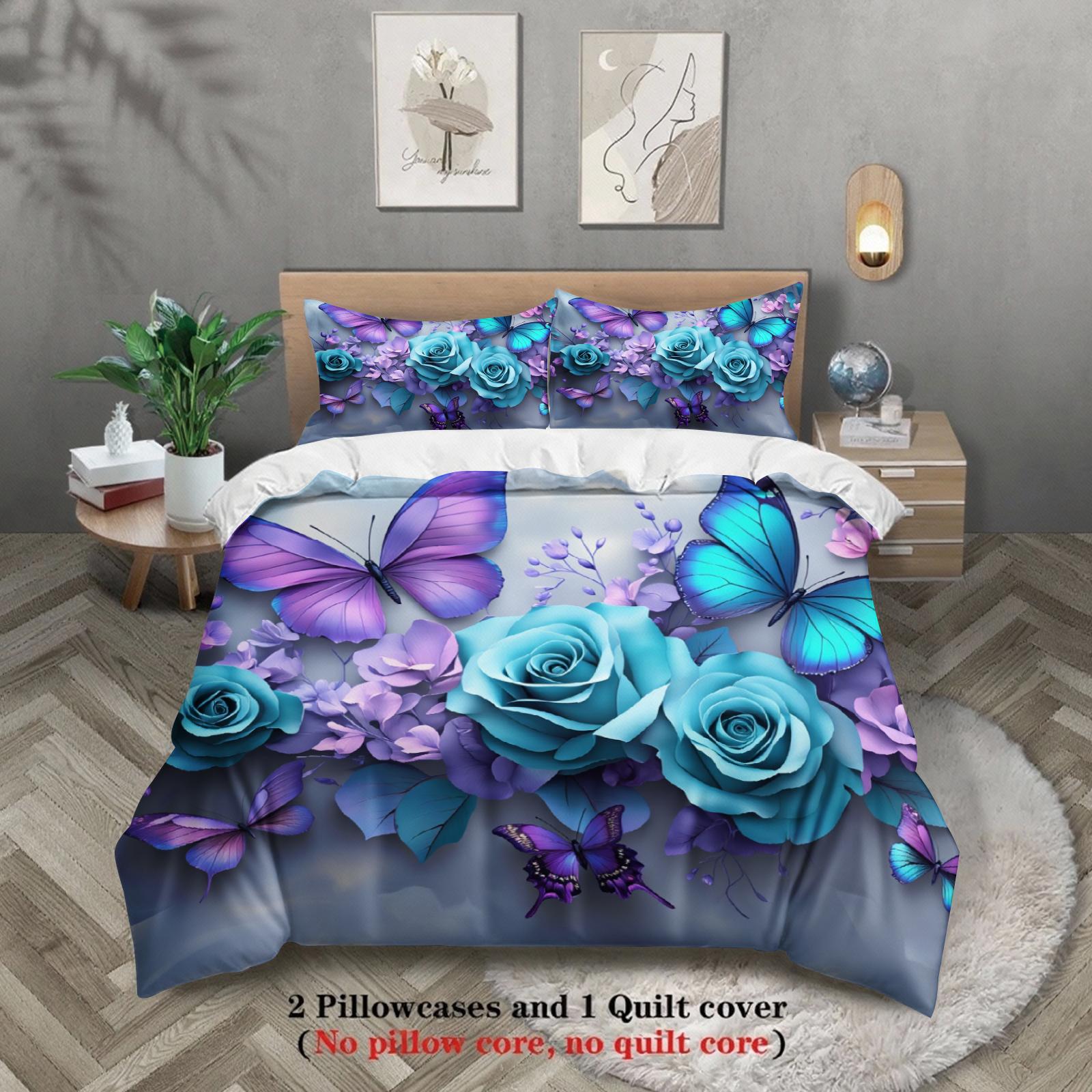 

3pcs Butterfly And Rose Bedding Sets 3D Printed Floral Pattern Duvet Cover Sets With Pillowcases No Filling Vivid Visual Style EU Double(200x200cm)