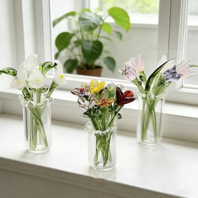 1 Set Glass Flower Bouquet with Vase Hand-Blown Mini Flower Decoration Home Living Room Handmade Simulation Floral Ornament with Stem