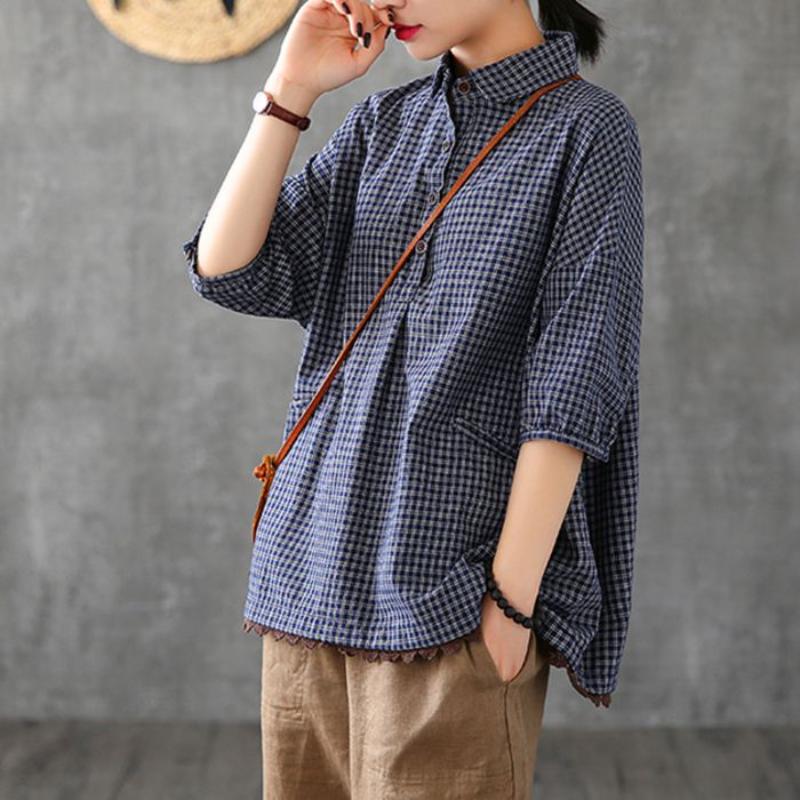 Retro Lace Loose Cotton and Linen Plaid Shirt Women's Short-sleeved Shirt Summer New Korean Top