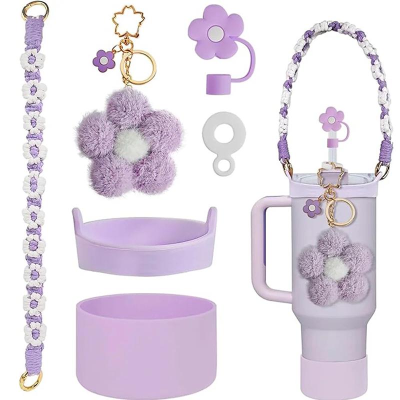 Sada příslušenství pro Stanley Cup včetně silikonového krytu na brčko, silikonové botičky, popruhu na rukojeť láhve