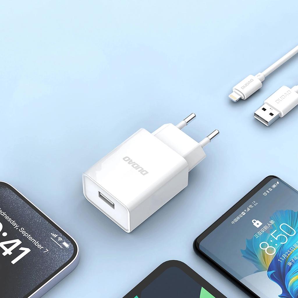 Ładowarka Sieciowa Dudao A4Eu Usb-A 2.1A - Biała + Kabel Usb-A - Lightning