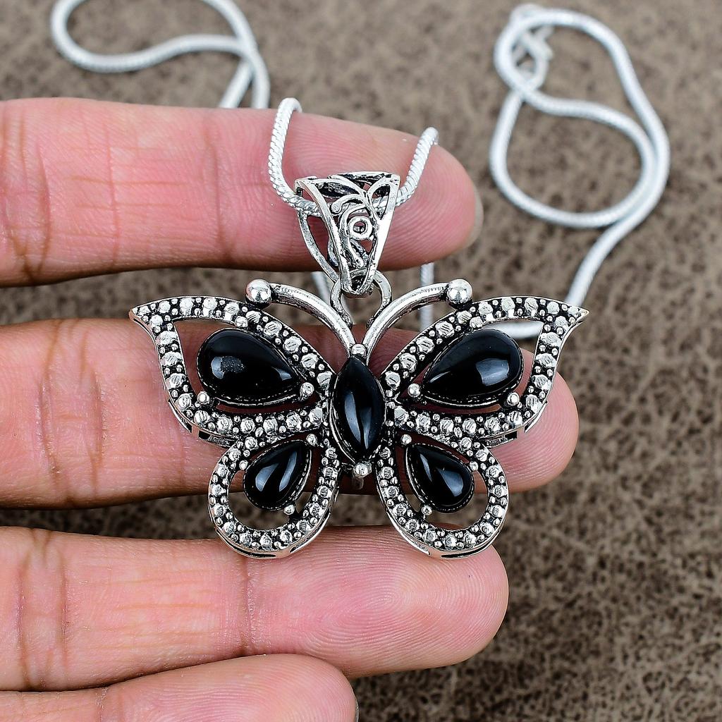 Black Onyx Gemstone Handmade 925 Sterling Silver Jewelry Pendant 1.65" KKG-295