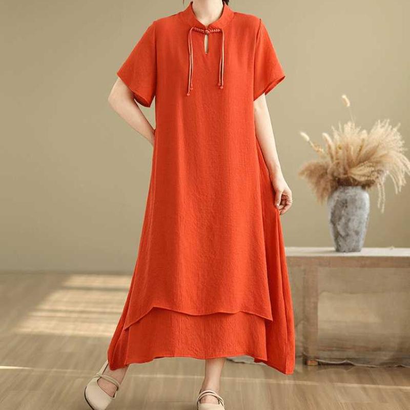 Summer Women's Short-sleeved Dress with Double Base Layers