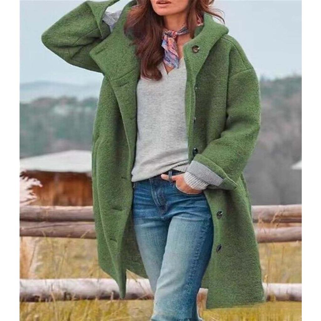 Coats - Women's Fashion Solid Color Hooded Long Wool Coat, Elegant Outerwear for Europe America Crossbody