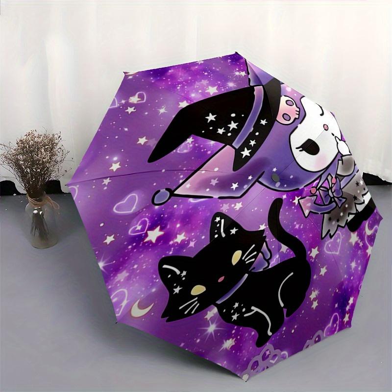 Kuromi Automatic Folding Umbrella-Simple 8-Rib Design, Bright Cartoon Pattern, Durable Iron Frame, Suitable For Travel, Outdoor, Beach-Cute