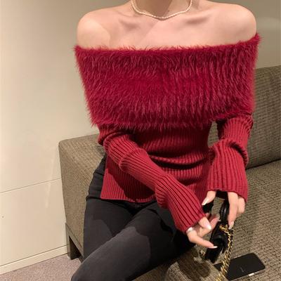 Moda Sexy Pulôver Ombro a Ombro Suéter de Uma Alça Feminino Outono e Inverno Top Estilo Spice Girl Elegante Ajuste Slim Casual Simples