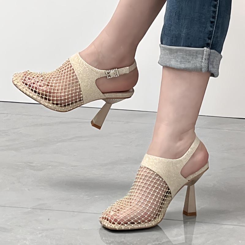 

Fashion Baotou Sandals Summer New Square Head Deep Mouth Sequin Mesh Metal Buckle A Line with Anti-slip Wear-resistant High Heels 35 золотой