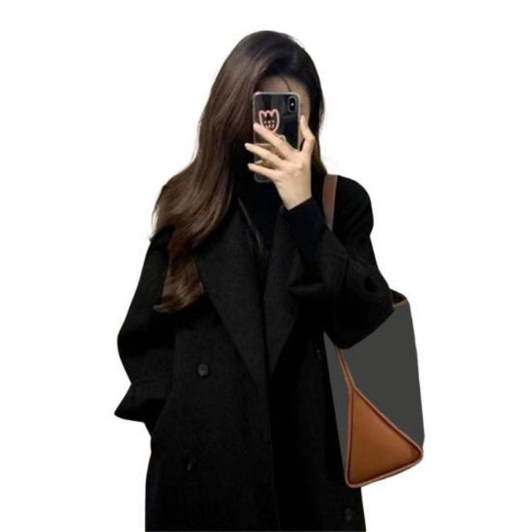 Long Wool Coat Women Double Breasted Pea Coat Notch Lapel Trench Overcoat Casual Long Sleeve Fall Winter Coat S чёрный