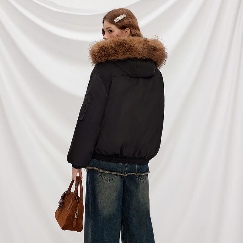 UNIFREE American Retro Hooded Padded Jacket with Fur Collar