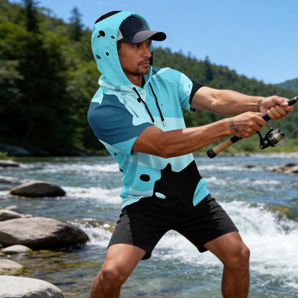 Men's Camouflage Print Raglan Sleeve Casual Sport Fishing Short Sleeve Hoodie Lightweight Breathable Outdoor Top