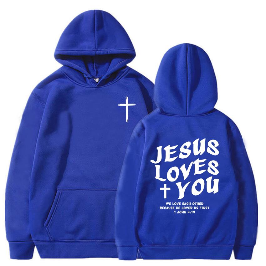 Jesus elsker deg Kristne bibelvers hettegensere Bokstavgrafikk trykk Sweatshirts Menn Kvinner Hettegensere Unisex topper