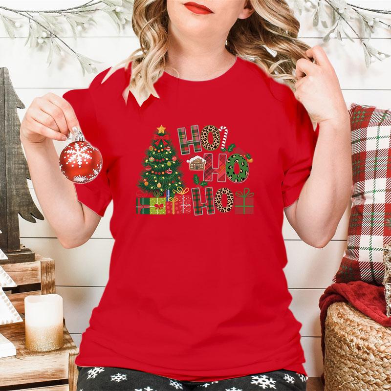 New Christmas Tree HO HO HO Print T Shirt Women Funny  Merry Christmas Tops Tees Female Short Sleeve Crew Neck Women Xmas Tshirt