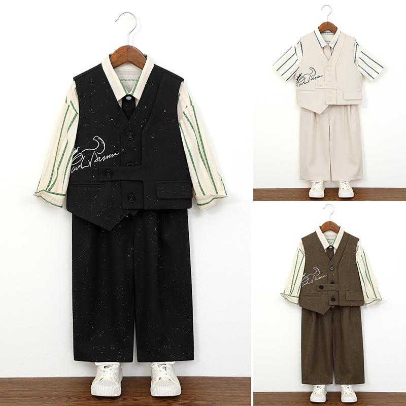Boys Glitter Irregular Vest Suit 4-Piece Set Striped Shirt Pants Tie Kids Formal Outfit for Wedding Birthday Party Performance 2-12Y