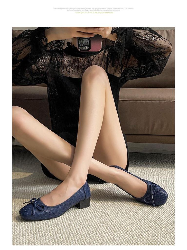 Women's Woven Bowknot Low Heels - Comfortable Square Toe Flats for Spring/Autumn