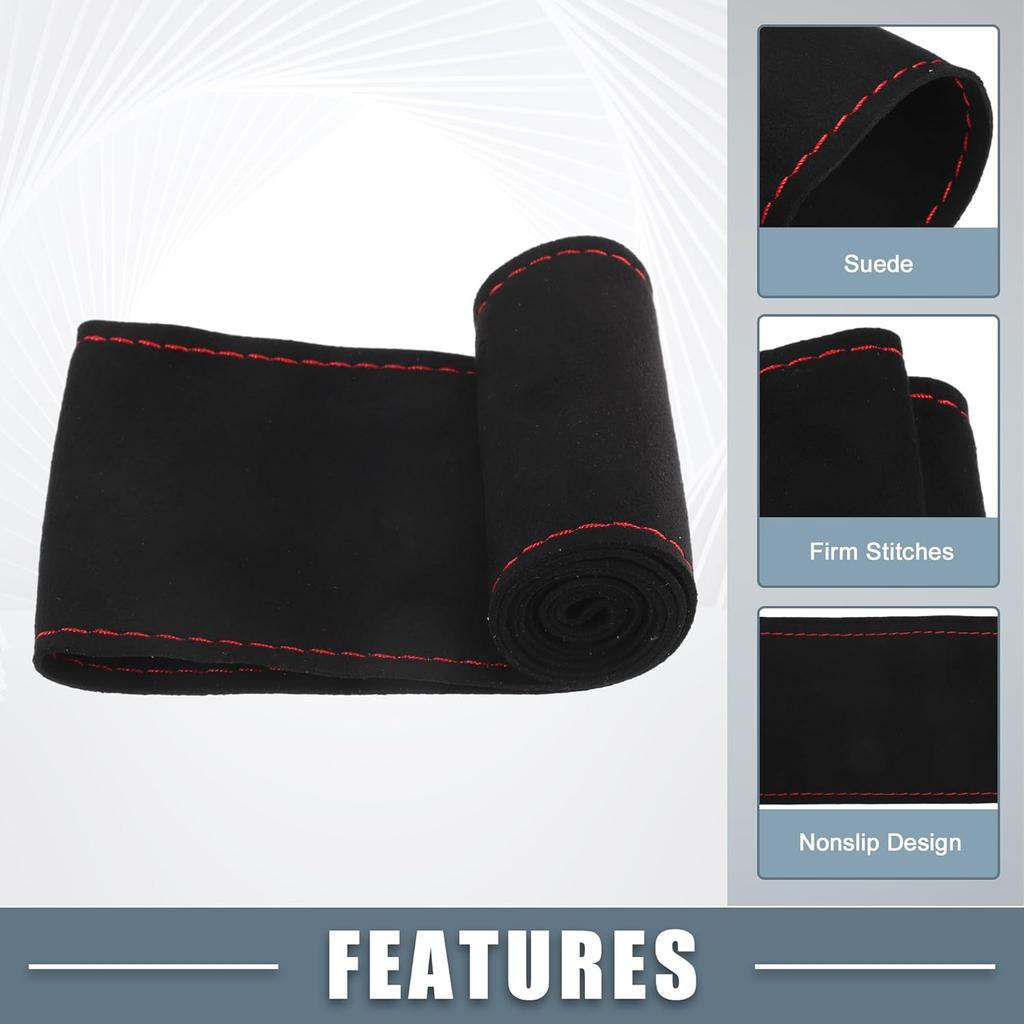 Car Hand Sewn DIY Steering Wheel Cover Breathable Comfortable 32-35cm Stitch on Wrap Cover Suede Black Stitches Red