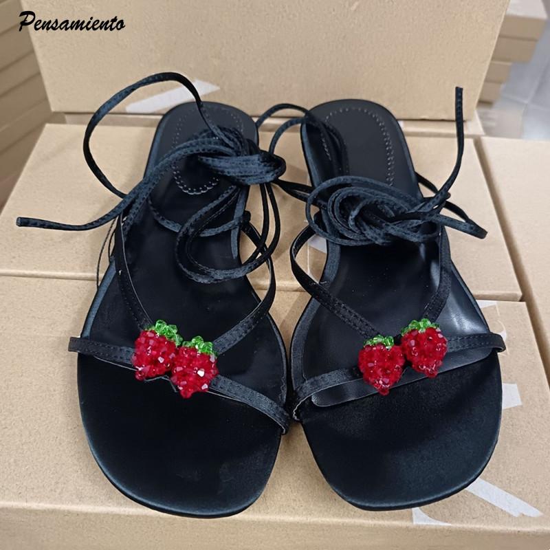 Fashion Fashion Crystal Strawberry Embellish Women Flats Sandals 2025 Summer Narrow Band Lace-up Beach Slides Casual Sandals Shoes