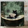 Black Cat Bath Reading Newspaper Shower Curtain, Green Tropical Leaf Design,Waterproof Fabric Bath Curtain Whimsical Bathroom