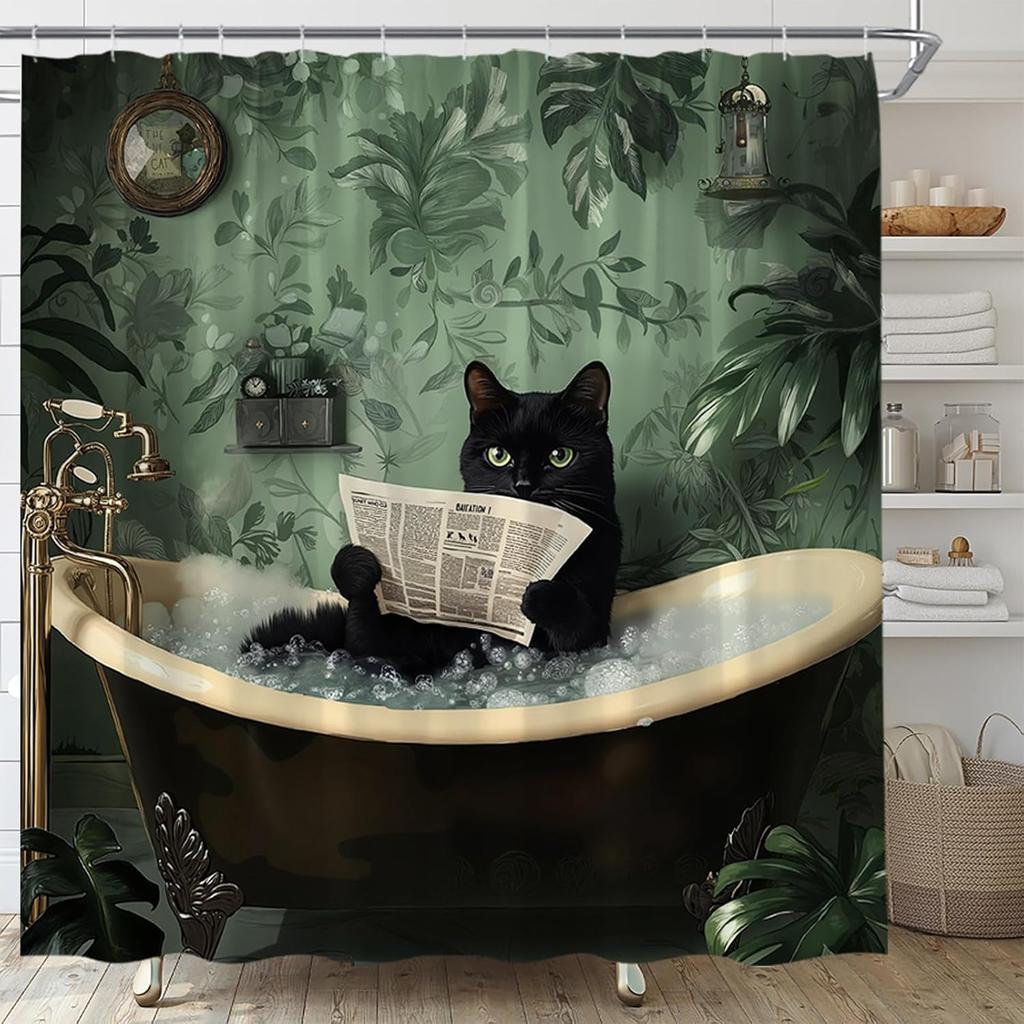 Black Cat Bath Reading Newspaper Shower Curtain, Green Tropical Leaf Design,Waterproof Fabric Bath Curtain Whimsical Bathroom