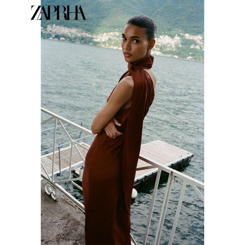 Zaprha 2025 Summer New Asymmetric Scarf Side Fold Design Midi Dress 5029170