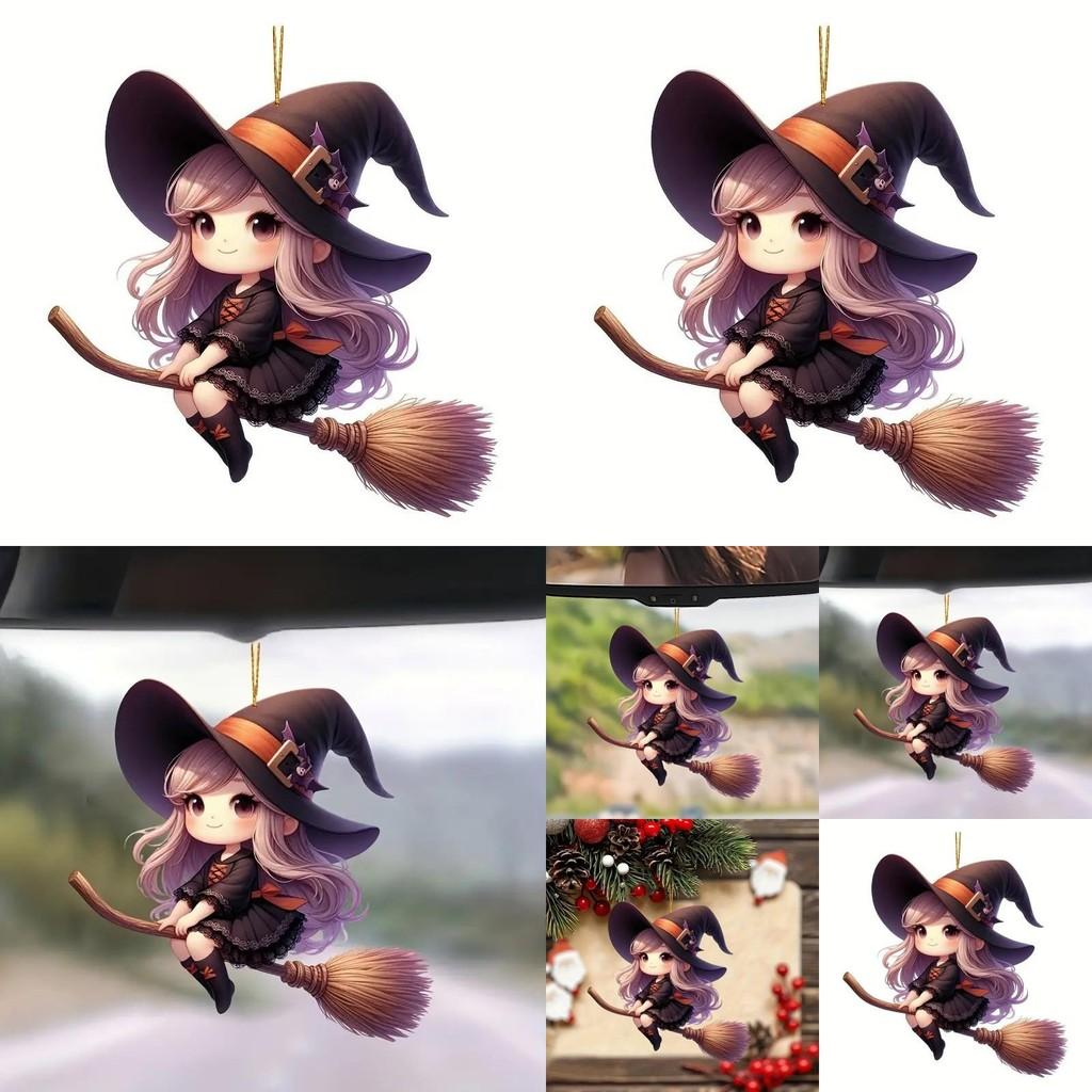 Halloween Cartoon Acryl Autoanhänger mit Hexenbesen für Fahrzeugdeko