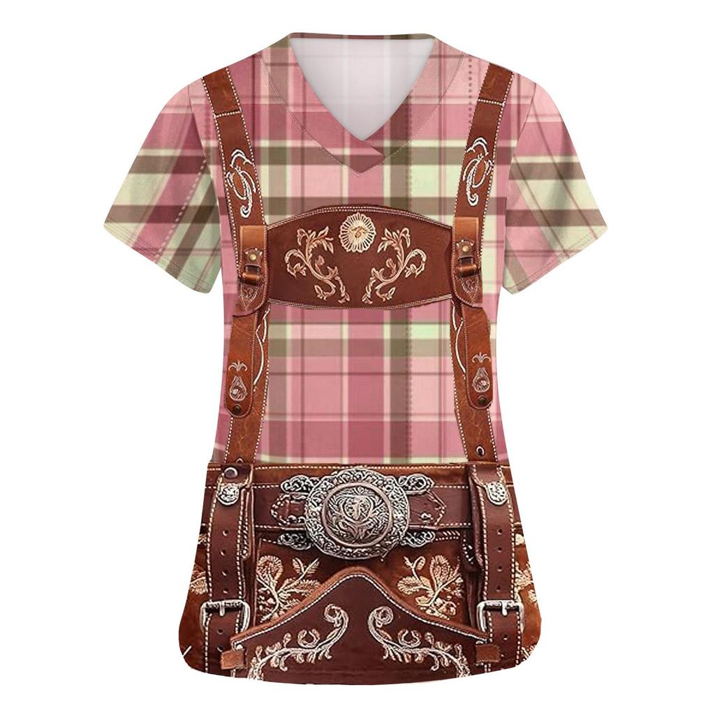 Women's V Neck Short Sleeve Work Shirt with Pockets Oktoberfest Print Top for Caregivers and Service Staff Comfortable Fit