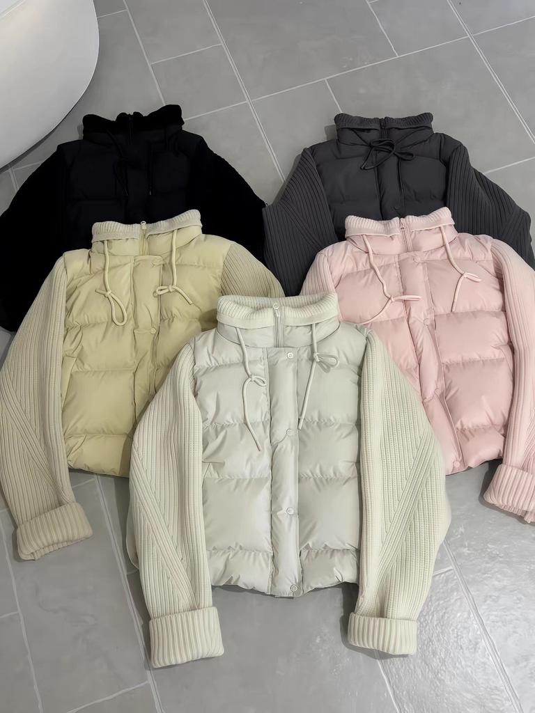 Winter new big-looking stand-up collar splicing knitted sleeves white duck down jacket short jacket women