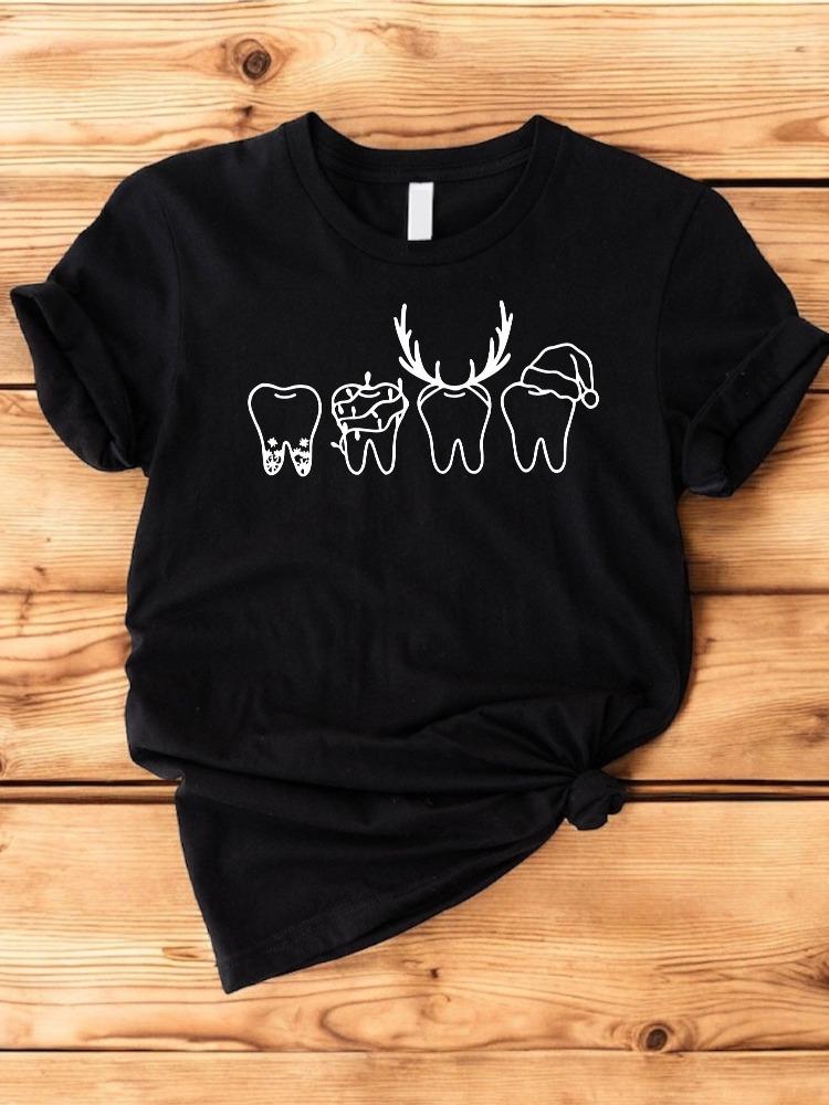 Ladies Fun Dentist Christmas Tshirt Round Neck Short Sleeve Top with Toothed Antlers and Reindeer Hat Design Fun Holiday Shirt