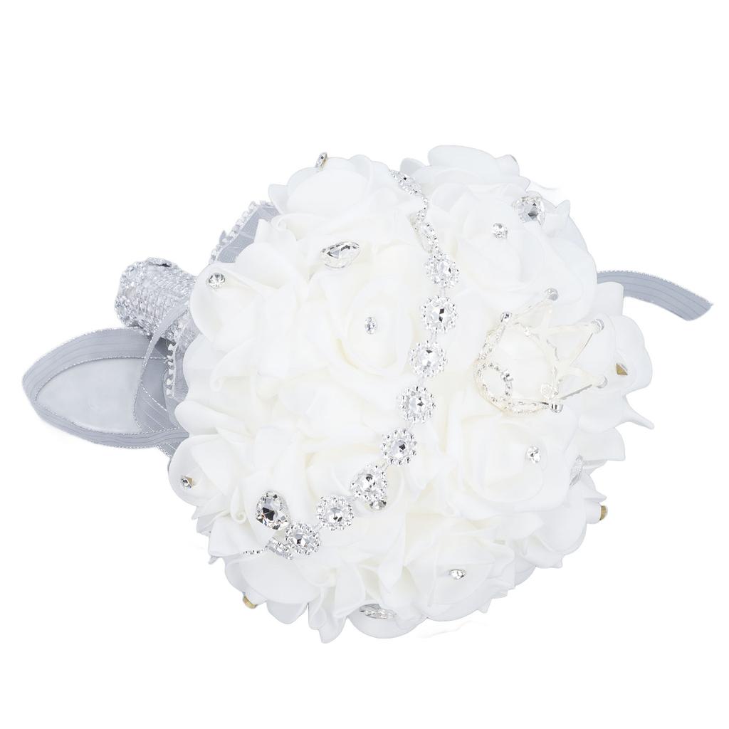 Wedding Bouquet with Crown 10.6 Inch PU Lace Satin Bridal Bridesmaid Artificial Flower Hand Bouquet for Wedding Party