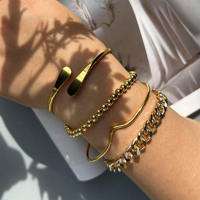 4Pcs Gold Geometric Bracelet Set For Women Minimalist Open Cuff Bangle Cuban Link Beaded Bracelets Trendy Stackable Jewelry Gift