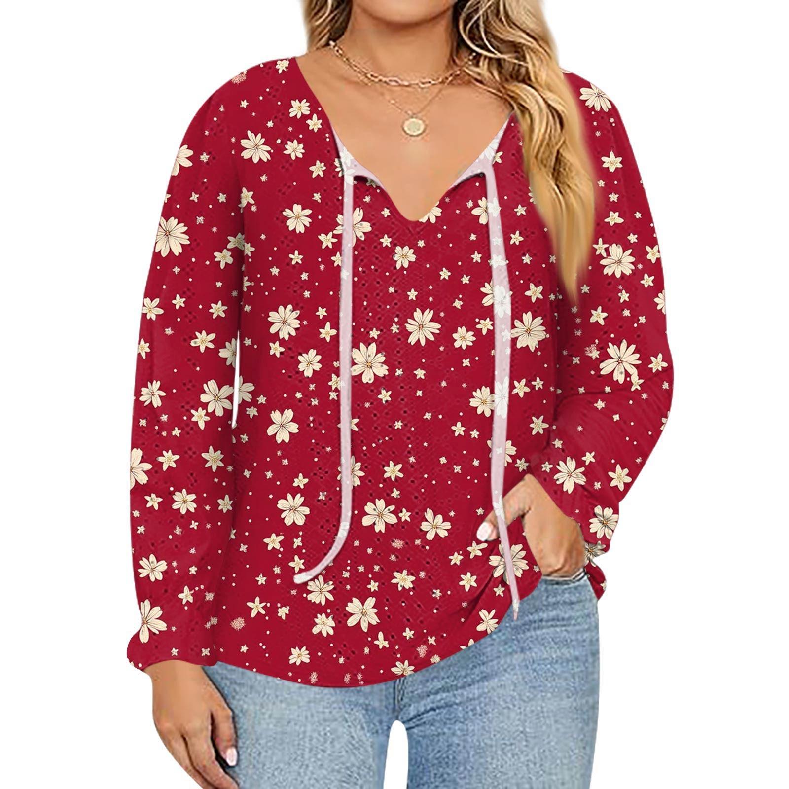 

Women s Fashion Printed Casual V-Neck Long Sleeve Top XXXXL червоний