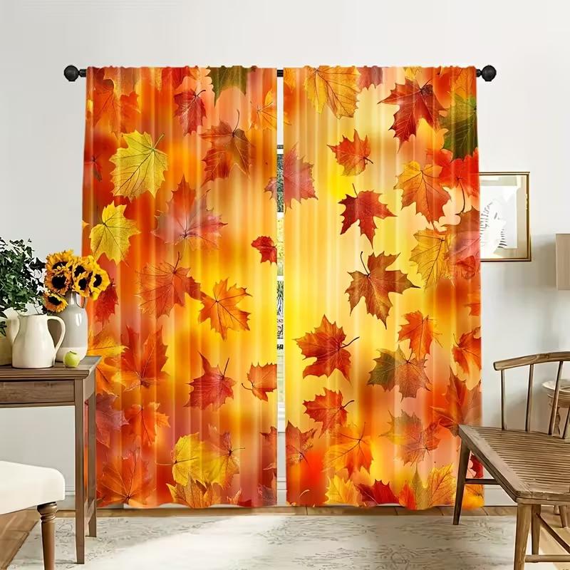 2 Pcs Maple leaves in autumn print curtains,suitable for bedroom,living room kitchen decoration,home decoration,window decor
