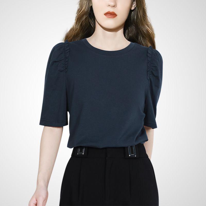 

Летняя трендовая футболка с оборками, в стиле меньшинства, на все случаи жизни, с коротким рукавом Navy blue S