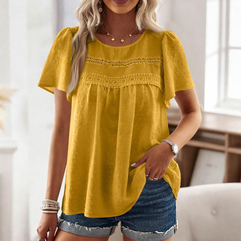 Women Casual Loose Fit Round Neck Short Sleeve Top Literary Style Solid Patchwork Pullover Blouse for Daily Wear Office School