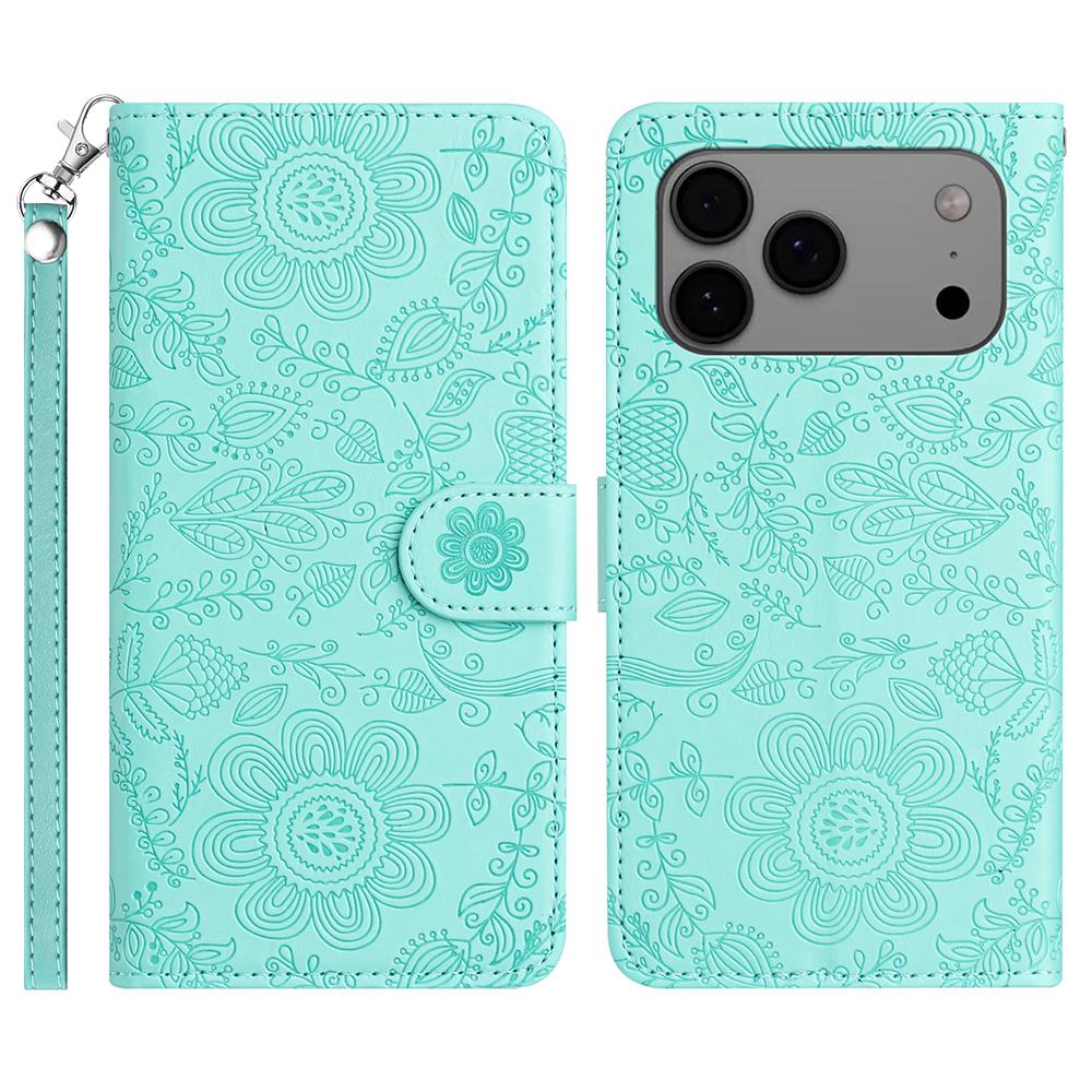 For iPhone 17 Pro Case Flower Imprint Leather Flip Wallet Phone Cover with Wrist Strap