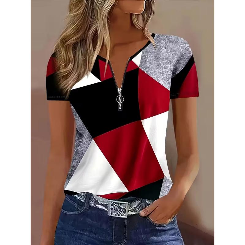 SummerSpring Geometric Printed Pattern Women's Zipper Printed Short Sleeve T-shirt