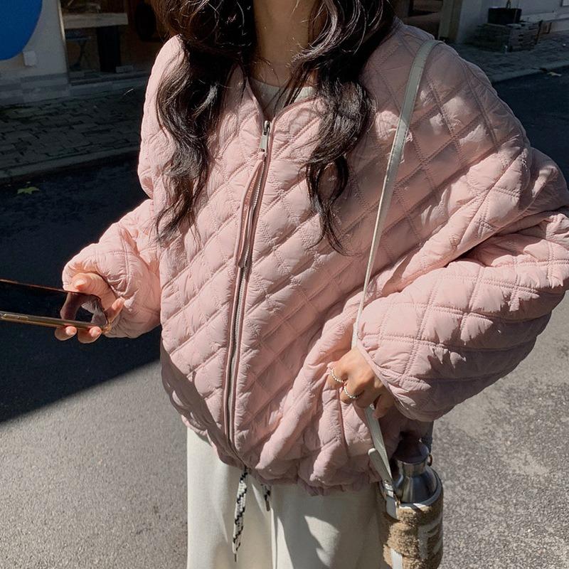 Rhombus pink down cotton-padded clothes for women to wear in winter, new small warm cotton-padded clothes and cotton-padded jackets.