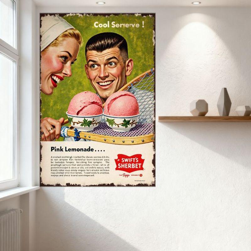 Cool Serve Vintage Swift's Sherbet Tennis Racket Metal Tin Sign Retro Mid-20th Century Advertisement for Home Bar Man Cave Cafe