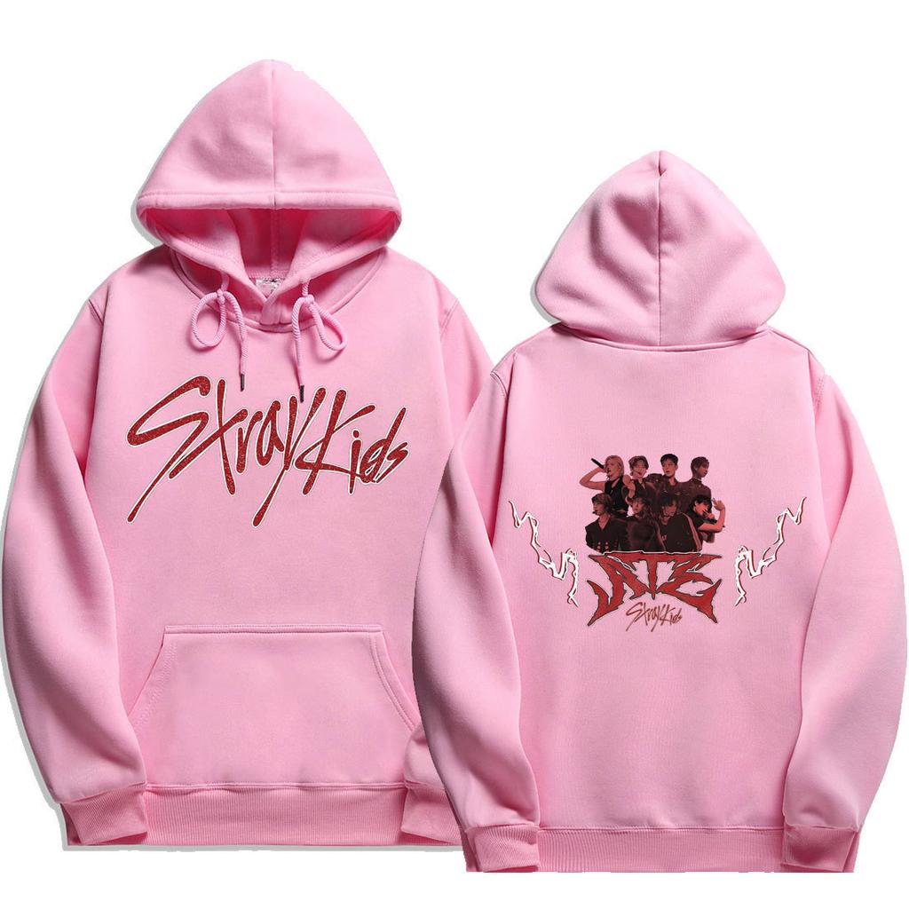 Stray Kids Script Logo ATE Group Lightning Hoodie Stray Kids Members Group Photo with White Lightning & ATE Metal Logo, Oversized K‑Pop Fan Pullover