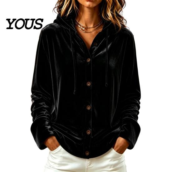 Button Down Coat Women Front Velvet Hoodie, Long Sleeve Hooded Jacket, Soft Outerwear Loose Fit Casual Drawstring for Autumn Winter Apparel