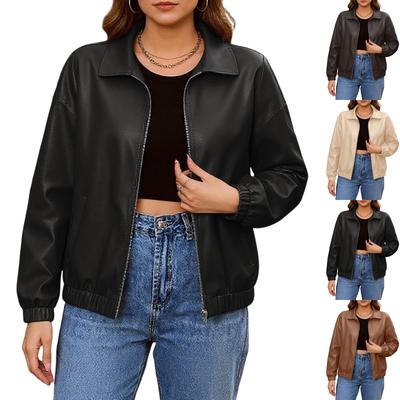 Veste Moto en Cuir PU Couleur Unie Décontractée à Manches Longues pour Femmes
