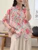 Johnature Women Vintage Print Floral Shirts Tops Turn-down Collar Seven Sleeve Blouses Summer Chinese Style Shirts