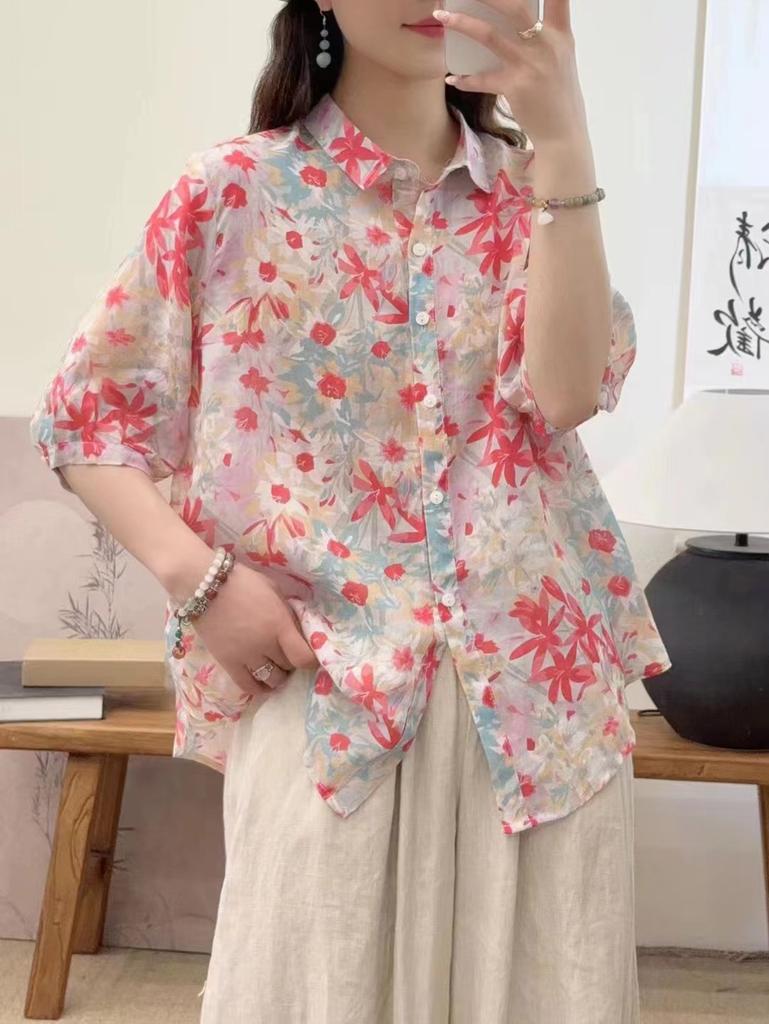 Johnature Women Vintage Print Floral Shirts Tops Turn-down Collar Seven Sleeve Blouses Summer Chinese Style Shirts