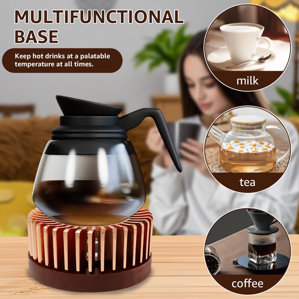 Teapot Warmer with Hollow Frame Aluminum Alloy Tea Pot Heater with Detachable Wood Base Stable Placement for Coffee Milk Tea