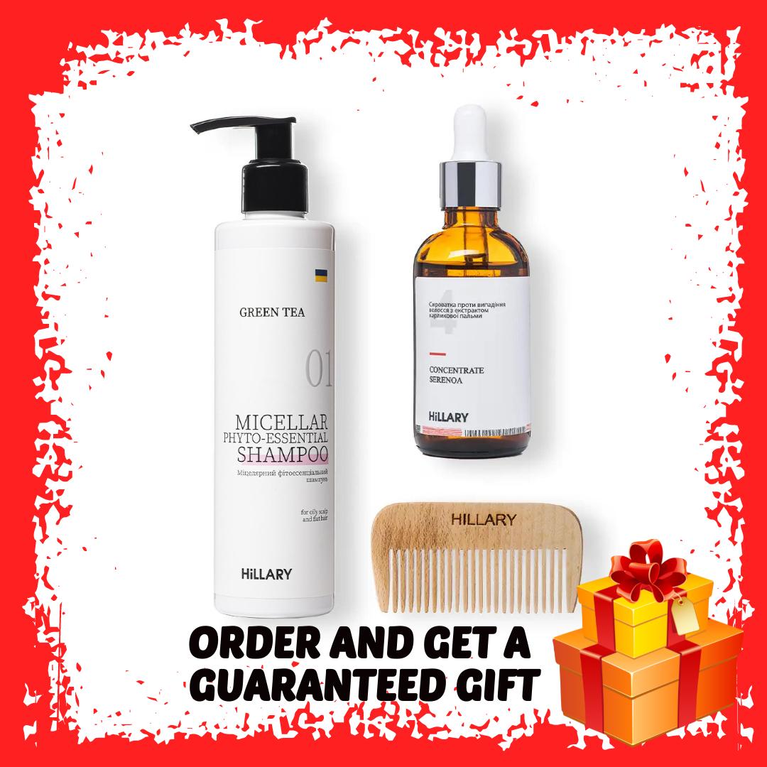 

Сироватка для волосся Concentrate Serenoa + Шампунь для жирного типу волосся Green Tea Phyto-essential та гребінь