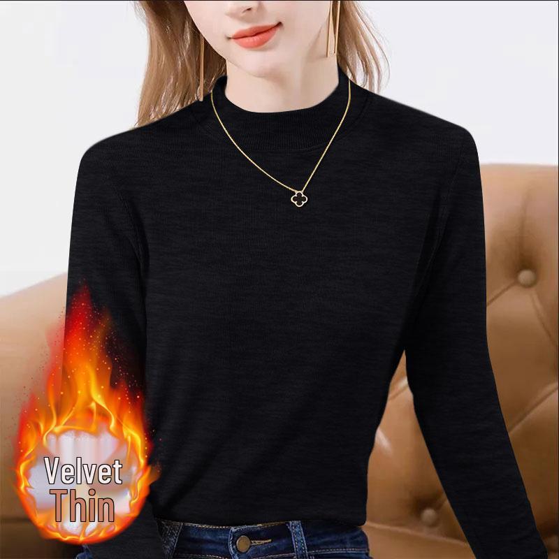 Women's Double-Sided Brushed Knit Base Layer Top - Solid Colors, Stylish Round Neck for 2026 Spring/Autumn