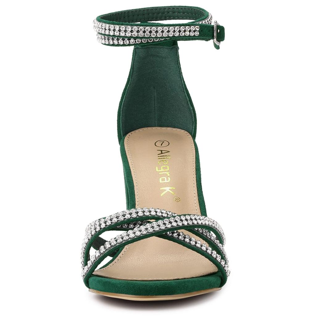 Allegra K Women's Green Ankle Strap Sandals with Rhinestones and Chunky Heels, Size 25.5cm